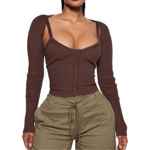 Brown Ribbed Knit Shrug Corset Two Piece Set